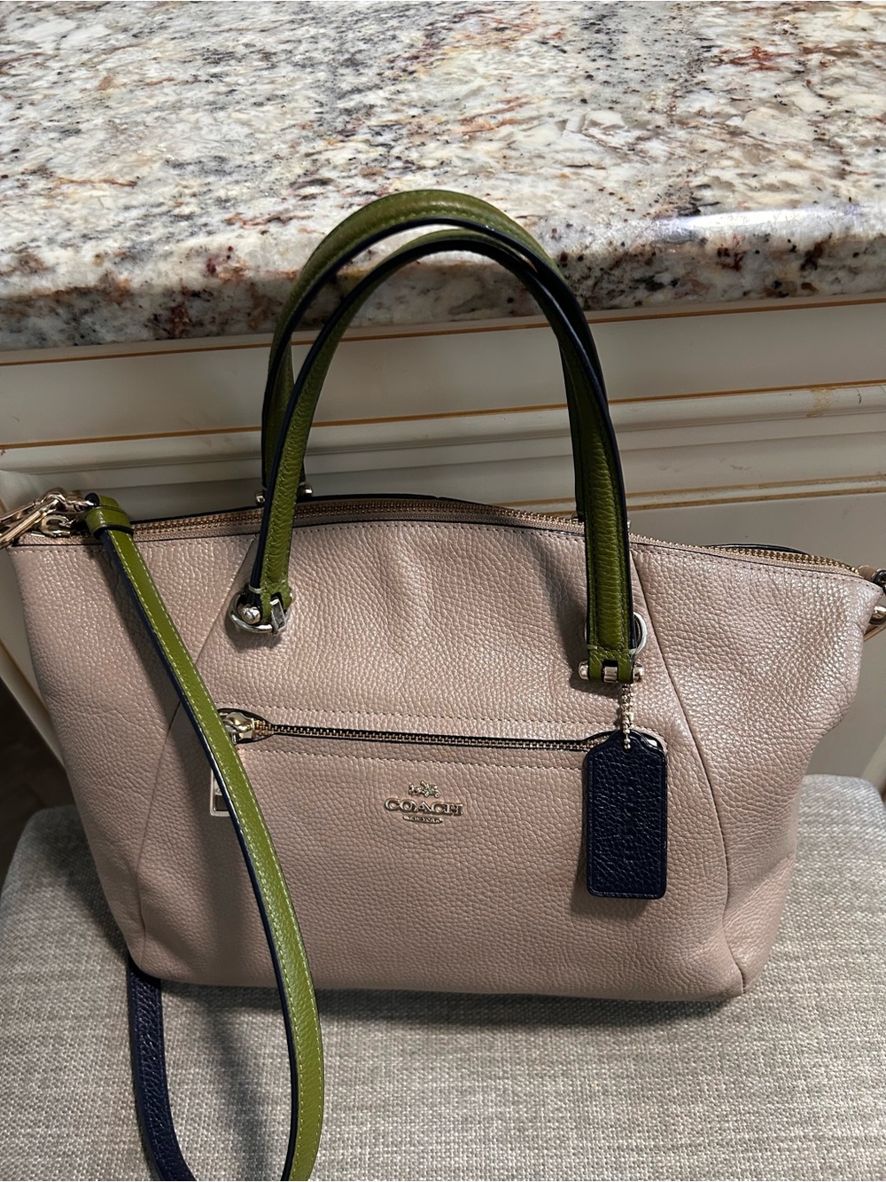 Coach Prairie satchel Pebbled Leather bag in tan & olive green/ rare